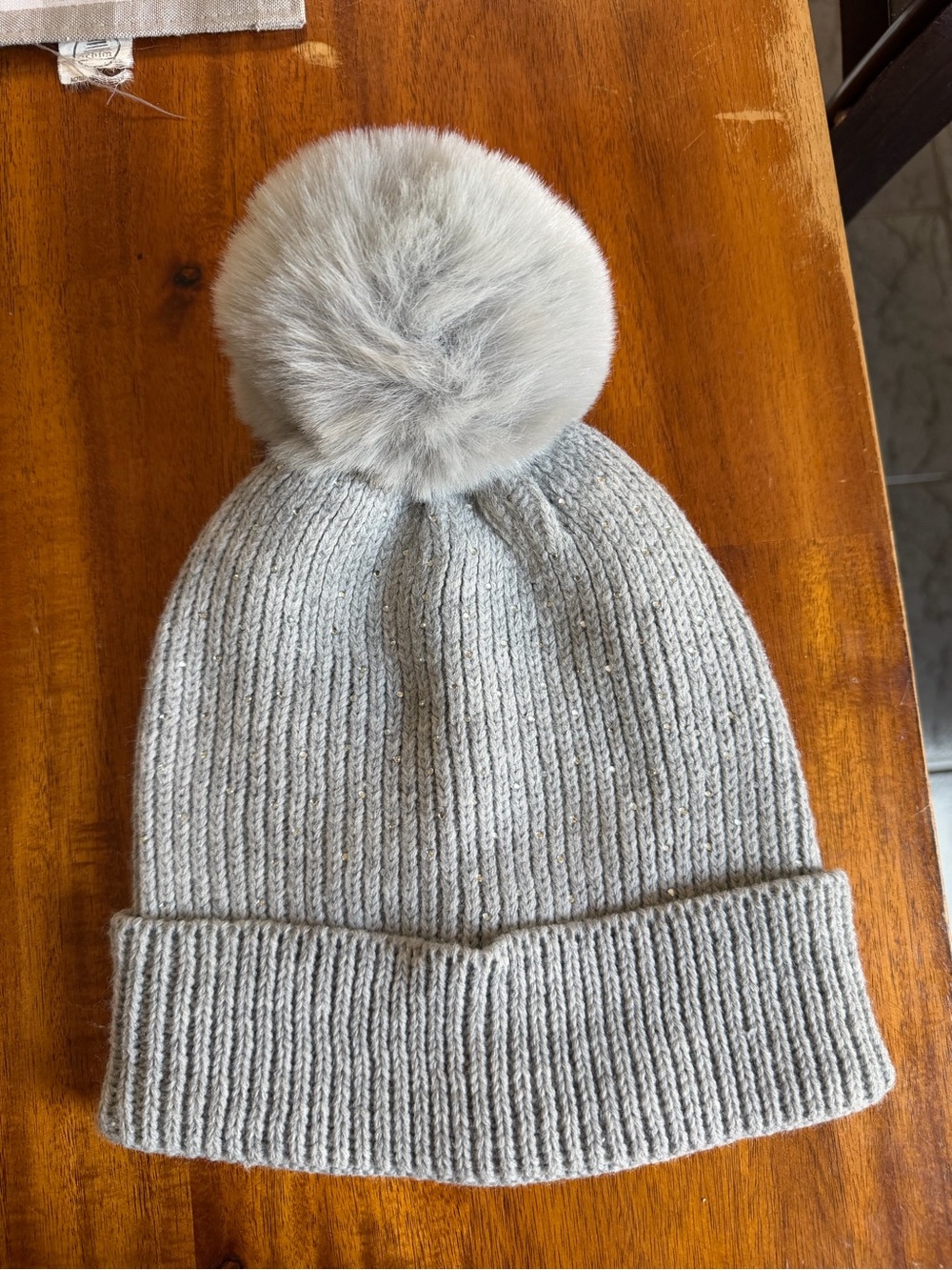 Light Gray Knit Beanie with Faux Fur Pom